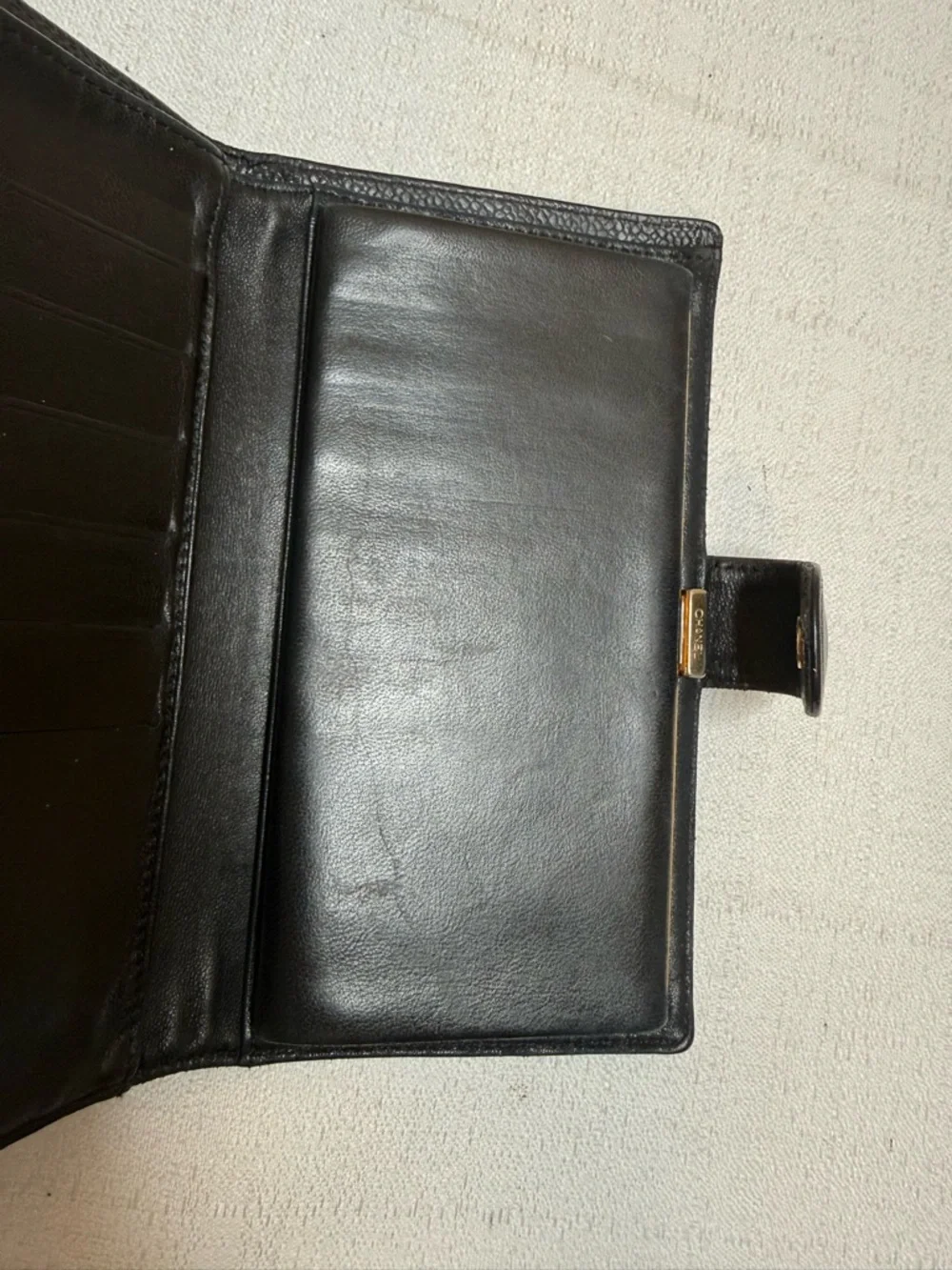 Chanel Vintage Black Caviar Leather CC Logo Long Wallet Clutch Gold tone